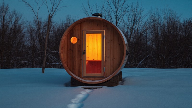 Sauna tonneau en cèdre dans la neige, porte éclairée