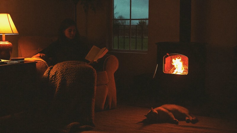 Soirée calme au coin d’un poêle à granulés, lecture à la lueur de la flamme