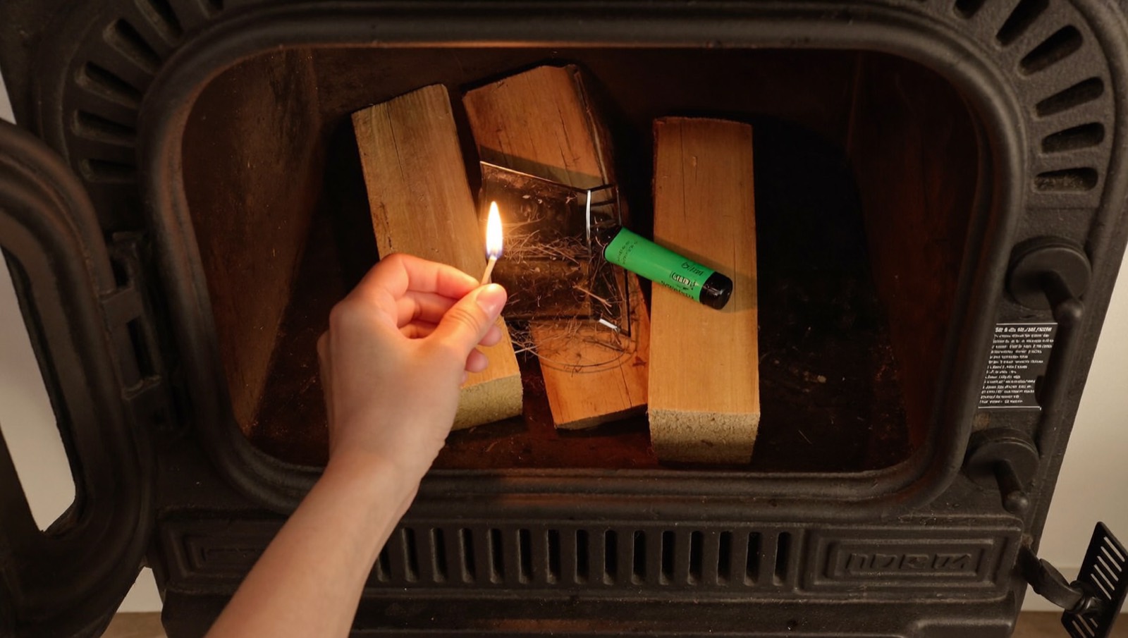 Bûches et allume-feu disposés pour un allumage par le haut dans un poêle à bois