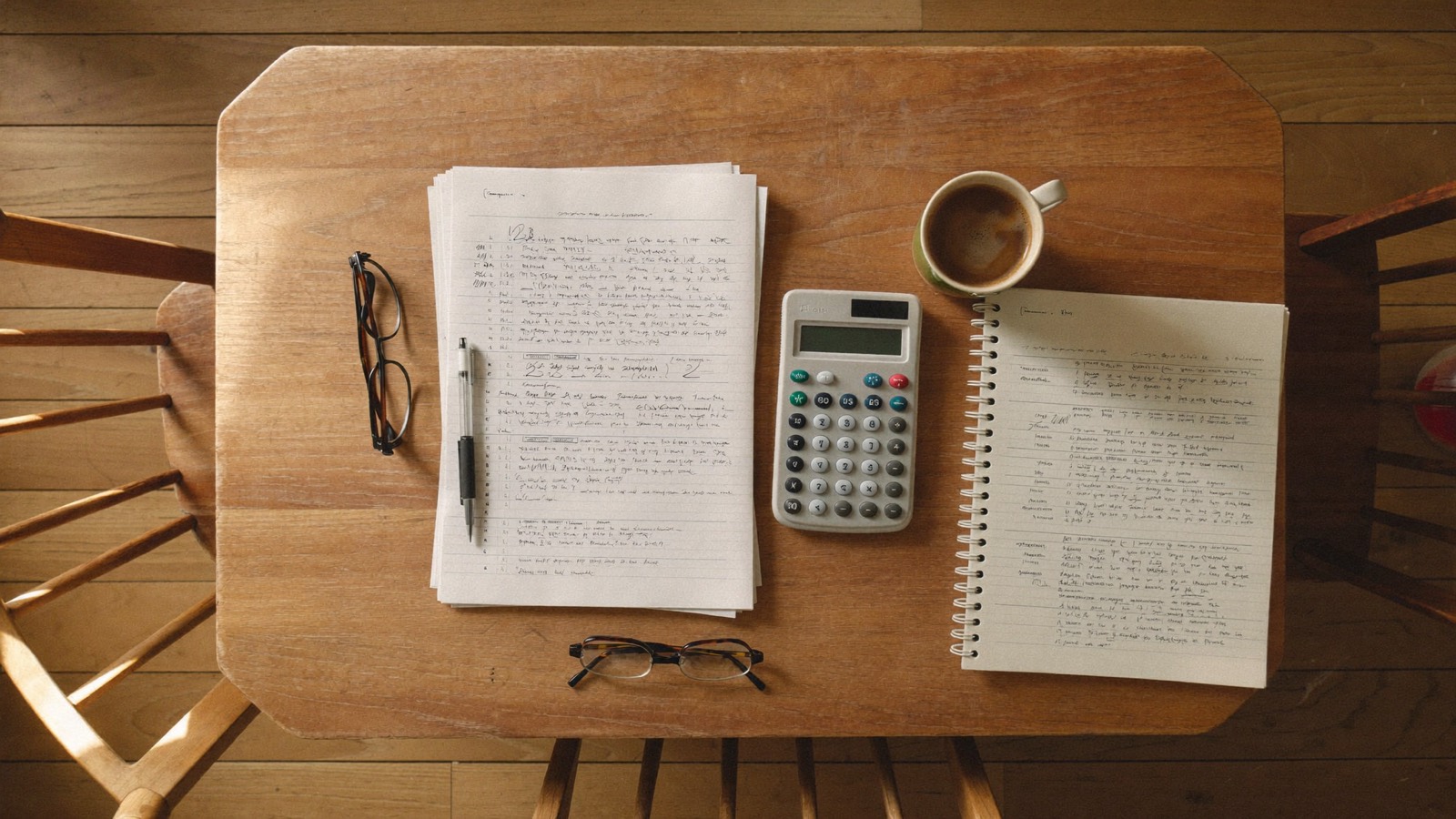 Dossier administratif, calculatrice et notes sur une table de cuisine